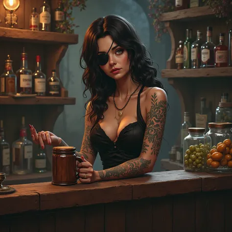 woman, Female bartender wipes the wooden mug, bar counter, pickled eggs, dark cabaret style, fantasy, tattoos, eye-patch, beer
