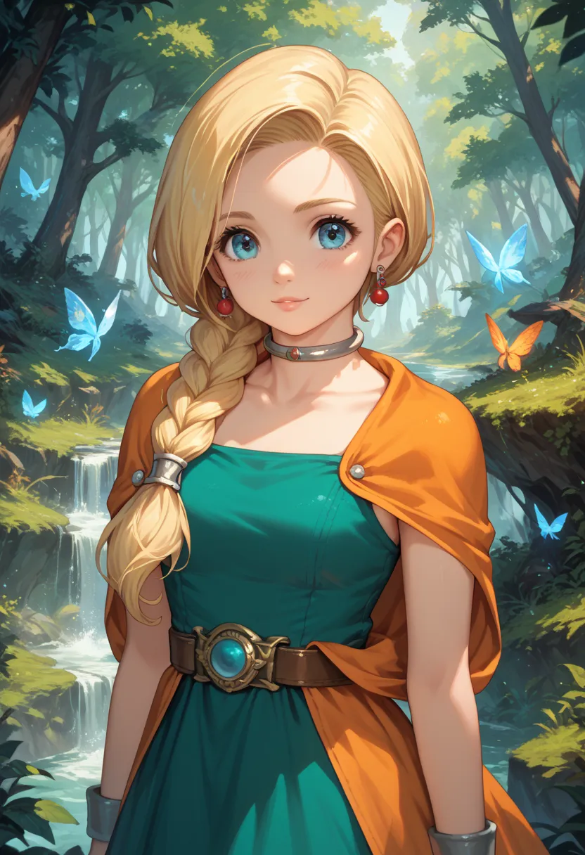 score_9, score_8_up, score_7_up, score_6_up, score_5_up, score_4_up, source anime, dqBianca, blonde single braid, hair over shoulder, earrings, choker, orange cape, green dress, belt,  (fantasy art scene set in a mystical forest), (detailed cute face:1.2)