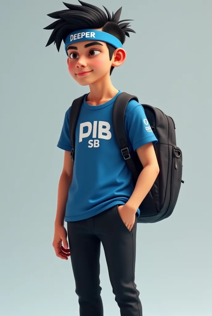 Create an Ultra Realistic HD Image, of a young man between 16 and 18 years old thinking, with a backpack on their backs, the young man with black hair wears a headband on his forehead with the name "Deeper in the headband, Put the name in Portuguese he's w...