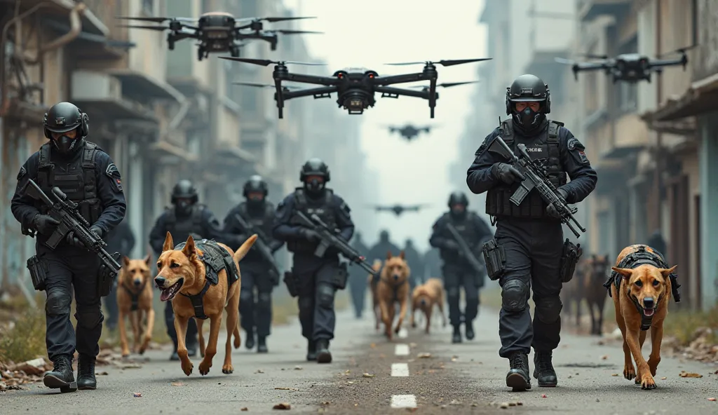 Create an image of a police operation with drones, sniffer dogs and police officers in tactical training.