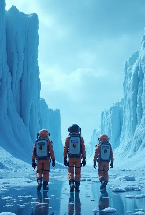 "A vast ocean, once full of waves, now completely frozen under an eerie, dark sky. Giant ice formations rise from the surface, and people in futuristic survival suits carry oxygen tanks, walking through the icy wasteland. The anime-style characters have ex...