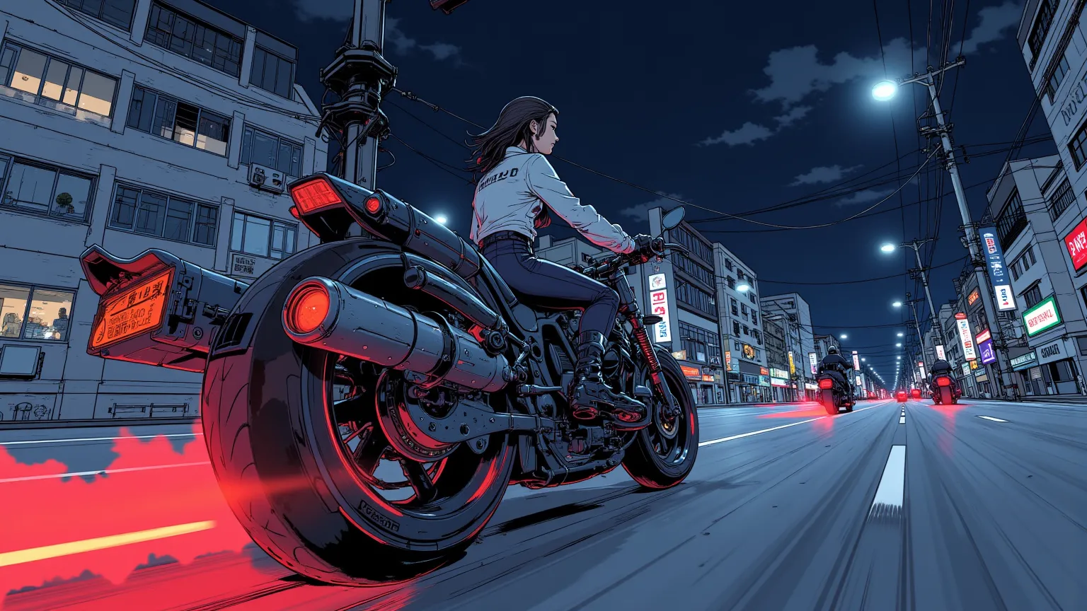 Japanese animated movie posters、 taken from below、 Fisheye 、Rear view of a woman riding a futuristic hoverbike speeding through the city at night、several hoverbikes、Public road racing、Motorbike runs through the highway at night、Buildings、The red taillight ...