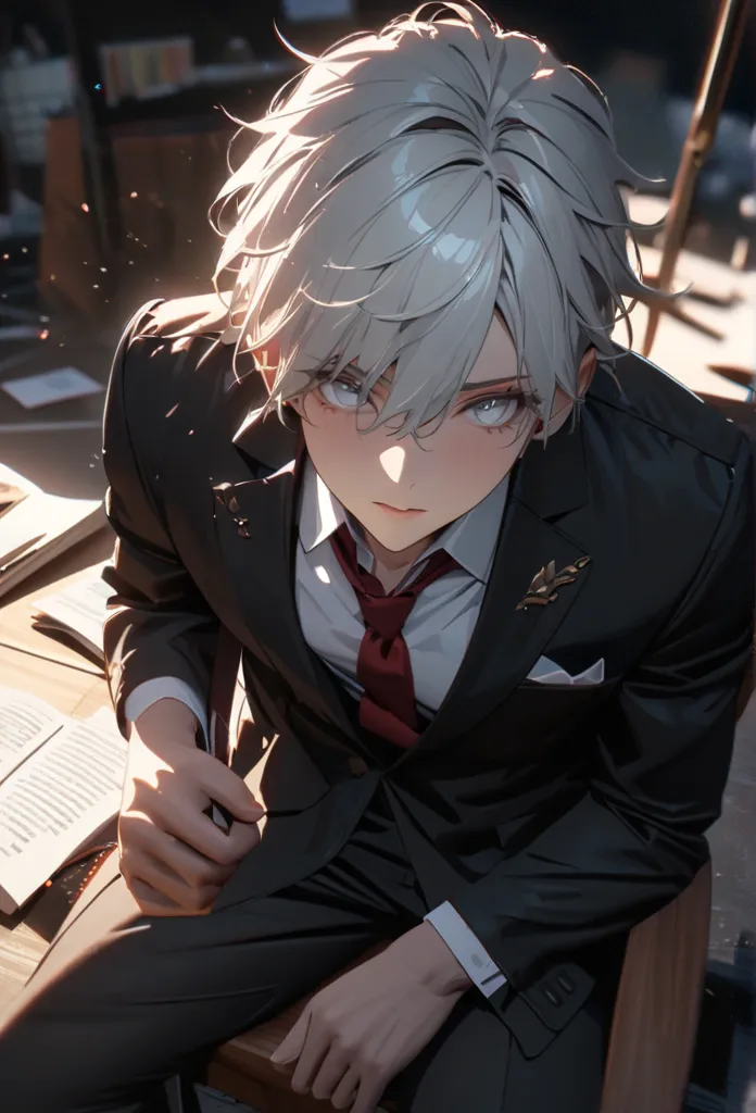 1 male, teacher, wearing white shirt, rolled up sleeves, black long pants, white hair, short hair, dense hair, face to detail, detailed eyes, bright white eyes, red tie, long black suit, unbuttoned suit, the background is clouds, swords everywhere on the g...