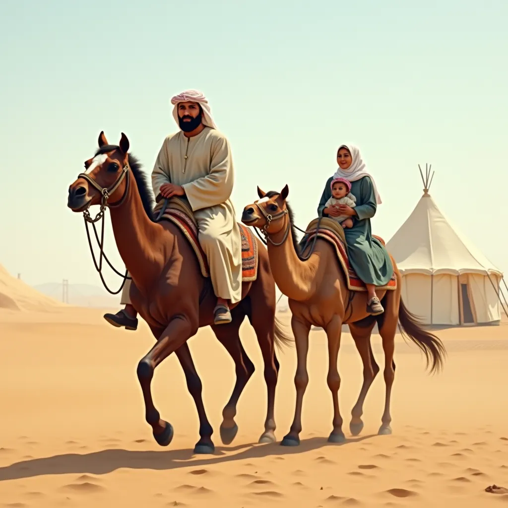 An Arab sheikh wearing an old Arabic dress rides an Arab horse with a camel next to him in which there is a hodge where an Arab woman carrying a baby looks out and next to her is her maid .They walk in the desert and from a distance the tents of another ci...