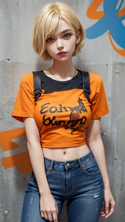 solo , 1girl , Blonde short hair , orange shirt rock punk styes , big breast , jeans rock punk styes , graffiti pattern shirt