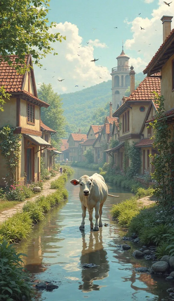 [Scene opens in a peaceful village near a canal. Birds chirp, and a white pregnant cow walks slowly by the water’s edge.]