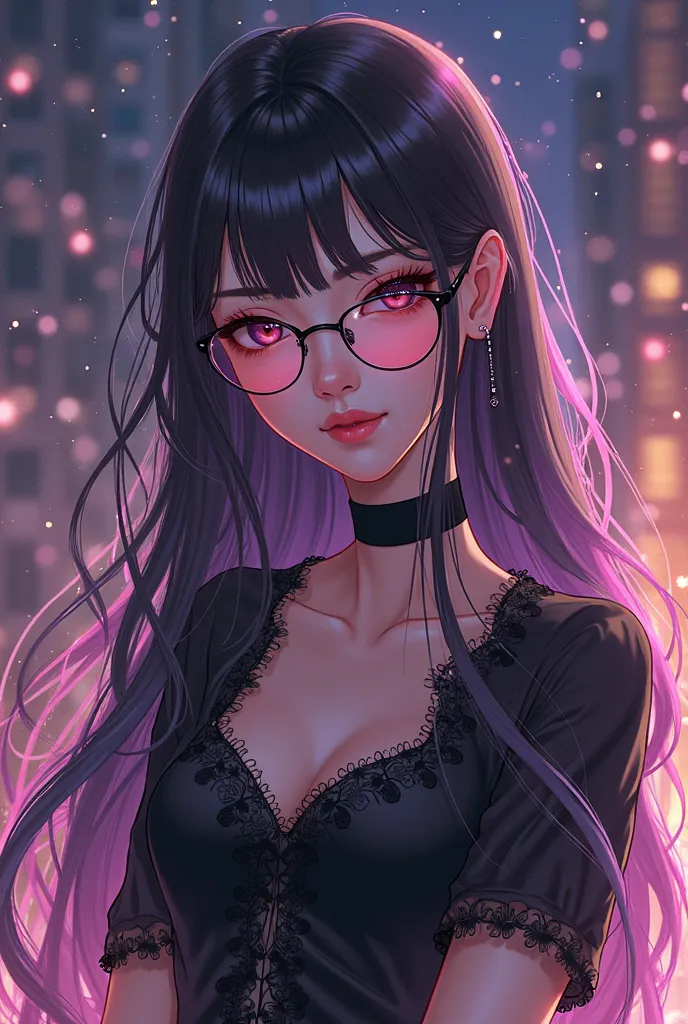 a woman with long hair wearing glasses and a black dress, a character portrait by Yang J, tumblr, realism, with glasses, long glowing ethereal hair, with long hair, artwork in the style of guweiz, ilya kuvshinov with long hair, anime girl with long hair, h...