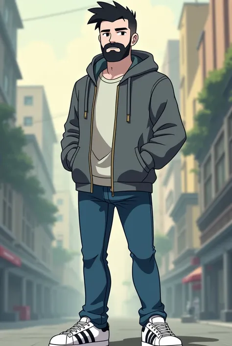 Make a man who is on average 30 years old in the art style of the Pokémon anime. He wears a black beard and his hair is black . He also has a mustache attached to his beard. His hair is short and close and he wears a tuft.your skin is white.  blue jeans, w...