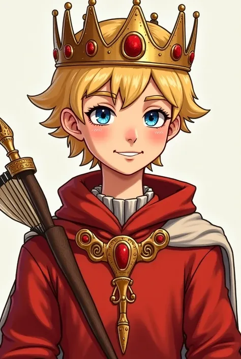 Traditional realistic illustration of a young King,  attractive.  blond hair and blue eyes. Dressed in a red sweater with gold ornaments, With a quiver on my shoulder. She wears a gold crown with red details.