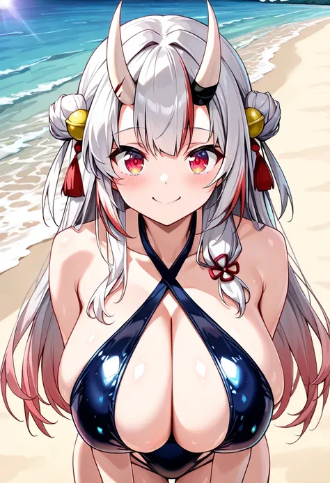 (Highest quality , 8k , masterpiece , incredibly absurdres , perfect body , super detailed skin , highly detailed eyes and face , 1 woman ) ,  nakiri ayame , Silver Hair , red eyes , demon horn , smile ,  will be happy , ( criss cross halter bikini swimsui...