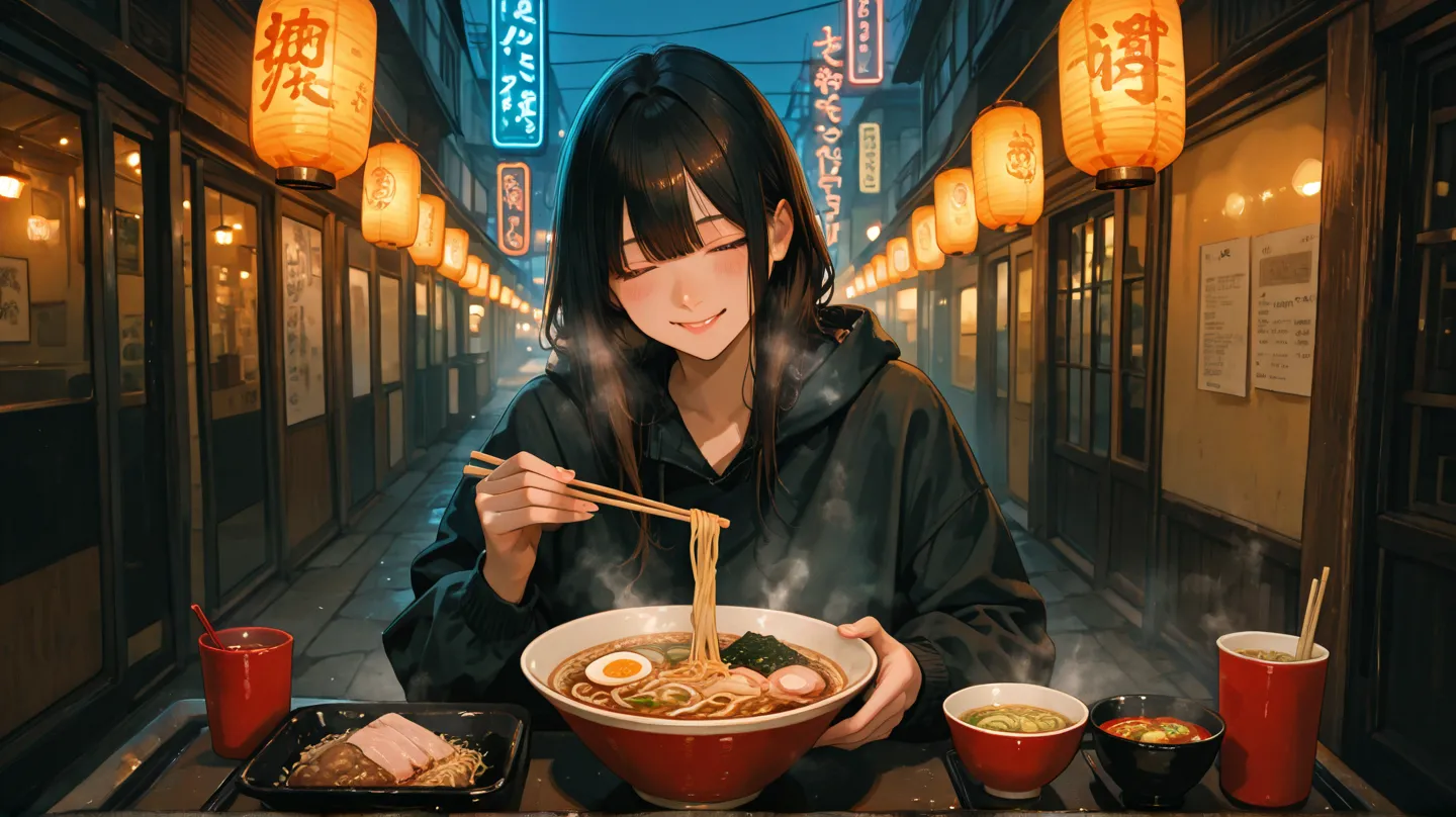 A late-night ramen stall scene. A person is enjoying a hot bowl of ramen, steam rising into the cool night air. Neon lights softly glow in the background, creating a quiet and atmospheric cityscape. The person looks satisfied as they lift the noodles with ...