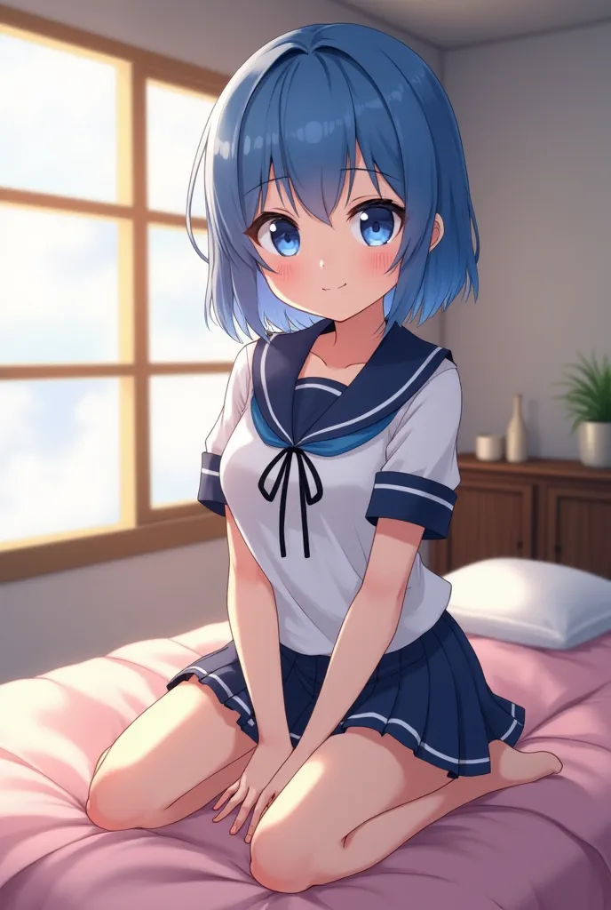 Make an anime girl dressed as a schoolgirl, sexy, and in a house in bed, posing and smiling, with blue hair and blue eyes that has a bigger ass and bigger tits and is well positioned