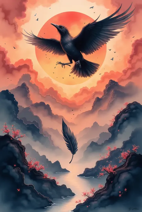 A crow flying high in the sky toward the sunset。and a black feather that has fallen by a crow flutters down and flutters down。This work is a beautiful sunset scene that focuses on a single feather。Extreme Detailed Description、professional pose、vivid color,...