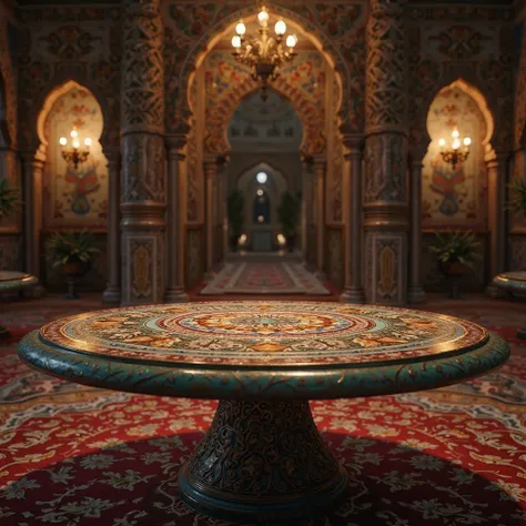 A close-up view of an empty round Moroccan table in a living room in an Arab palace from the year 1700, Ramadan night