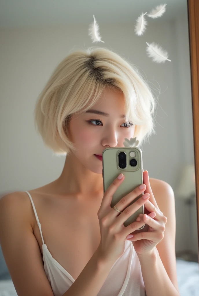 Japanese idol women, adorable 22 year old、pixie hair, white blond hair, room full of Floating Feather around her,  is wearing a transparent camisole。My upper body is reflected in the mirror . With iPhone in hand、 I'm taking a selfie of myself in a large be...