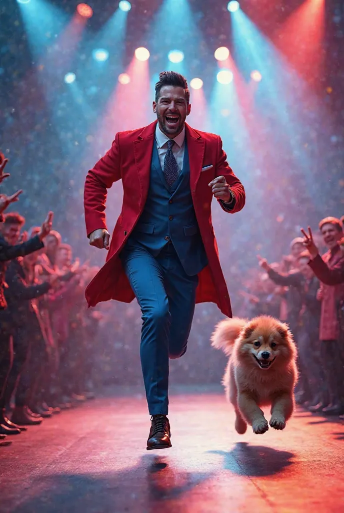 "A man in a red coat and blue suit running energetically on stage, with a fluffy dog jumping beside him, under bright spotlights, in front of a cheering audience."