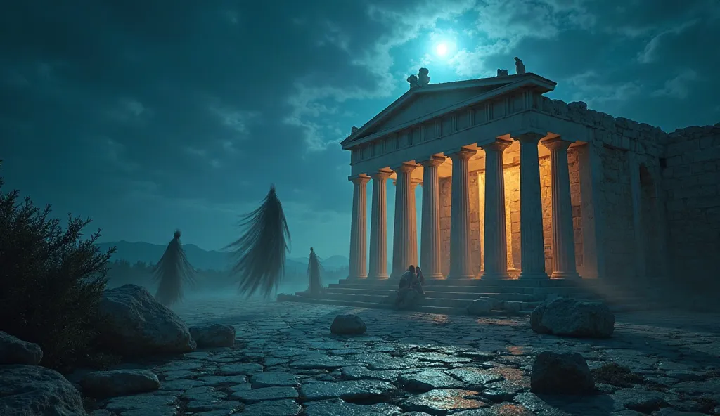 "cinematic film still, Aesthetic juxtaposition of a serene ancient Greek temple illuminated by moonlight, with ethereal beings floating amidst the ruins, artistic photography, dramatic light and shadow casting long, mysterious shadows, high contrast, satur...