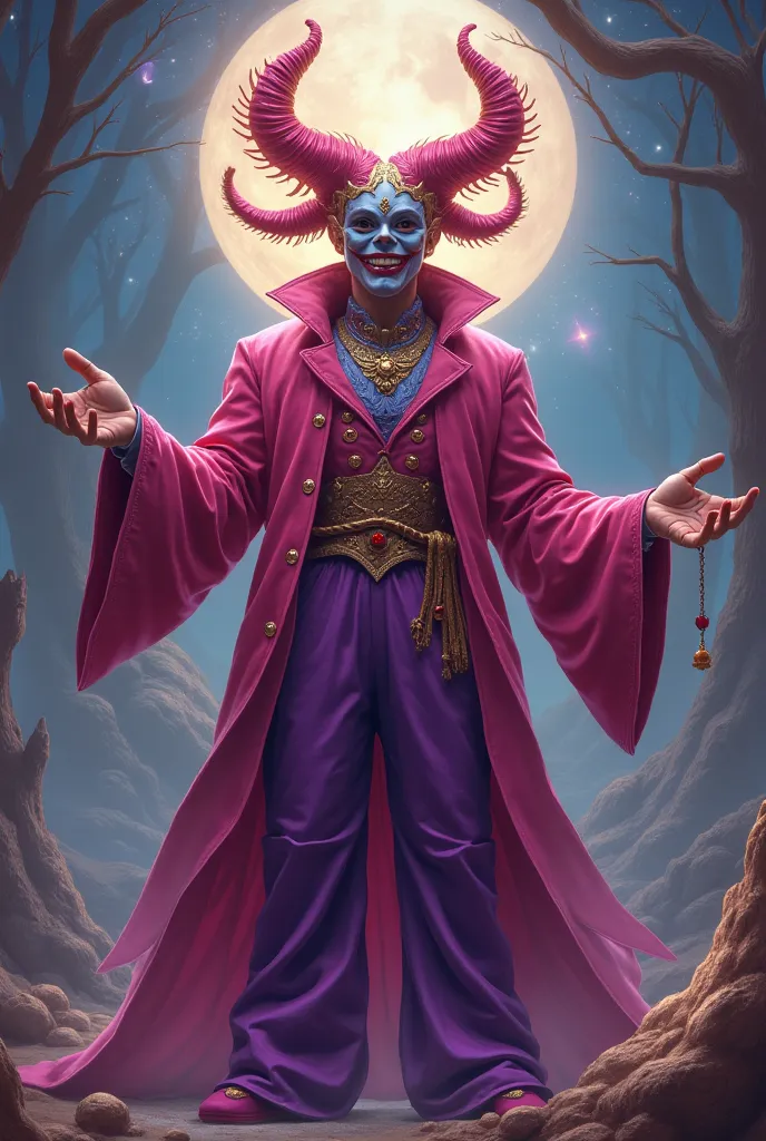 A man, god of creation, illusion and show. Pink-red shirt, bright purple pants. Mask of comedy and tragedy, looks similiar to a jester