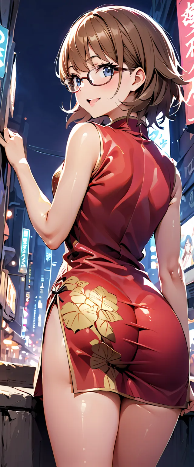 woman,20 years old,city,(( shiny china dress))),,open mouth smile(()),、,(( look back ))()Reflecting Buttocks ,glasses