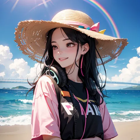 the expression of a 30-year-old woman、 big rainbow in the sky、 pink  headphones 、 long black hair 、 laughs、  headphones 、adult face wearing a rainbow-colored hat  、brown eyes、 The light behind the beach ((8k, .,   surreal))、 I'm wearing cool clothes。I&#39;...