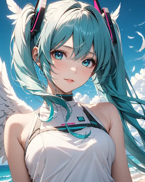 A Floating Feather, coastal, Angel, ( Hatsune Miku), masterpiece, highest quality, UHD, retina, masterpiece, accurate anatomy, super detailed, high quality, best quality, 8k