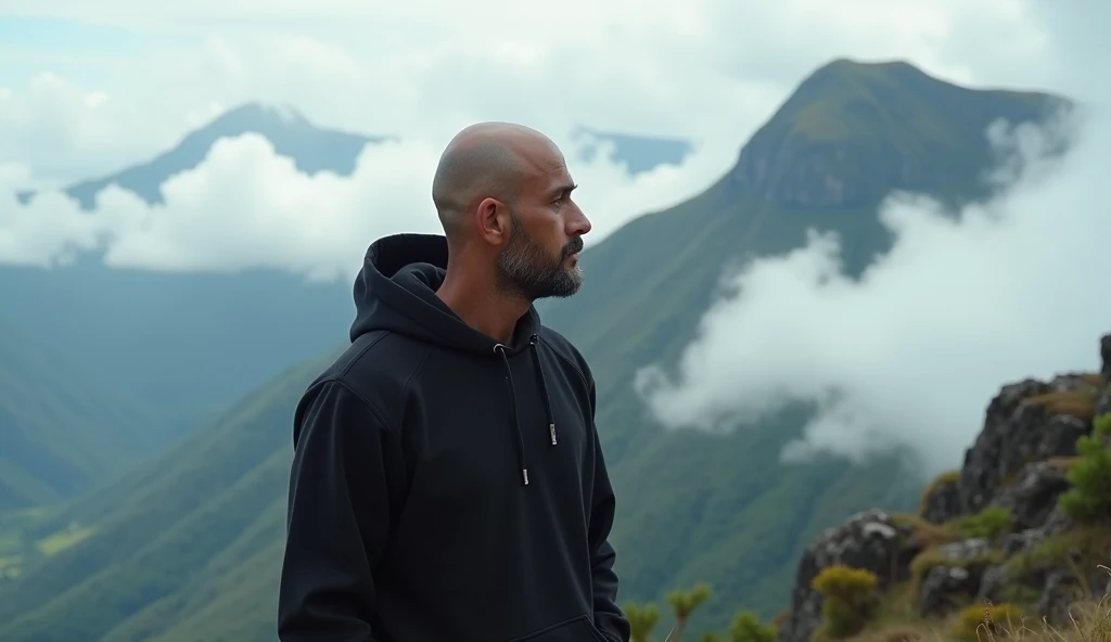 professional photo, photography, man from Indonesia aged 30 years, bald, wearing a black hoodie is on the top of a mountain with a view of clouds in the background, realistic