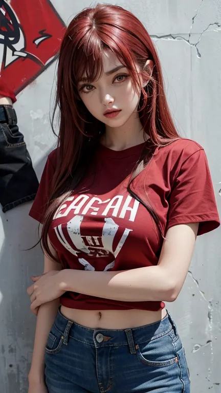 solo , 1girl , red long hair , red shirt rock punk styes , big breast , jeans rock punk styes , graffiti pattern shirt