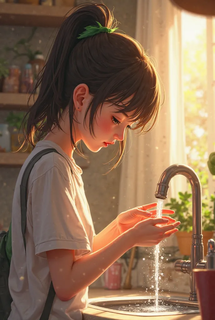 ren drinking water at the tap after school.