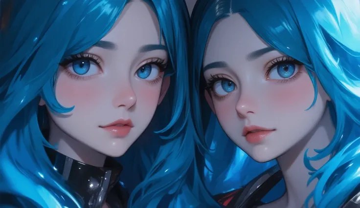 Two women.  blue hair,  blue eyes,high resolution,  masterpiece,  blur background, 