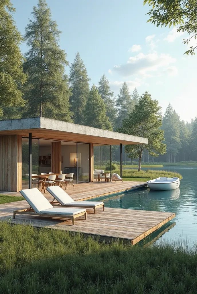 A modernist chalet in a natural setting, with large glass panels and light wooden walls, flat concrete roof. In front of the chalet, a wooden deck with reclining chairs modern and a glass coffee table. A calm lake and crystalline reflects the blue sky and ...