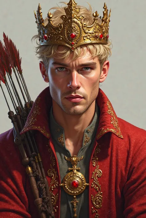 Realistic digital illustration of a handsome King.  blond hair and blue eyes. Dressed in a red sweater with gold ornaments, With a quiver on my shoulder. She wears a gold crown with red details.