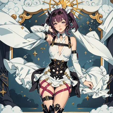 1girl, purple hair, harness, dress, solo, buns hairstyle, ahoge, armpits, bare shoulders, glow eyes, harness, maid dress with bare shoulder, chest sarashi, collarbone, garter on the legs, cowboy shot, stomach, strapless, white apron, maid dress, maid, stre...