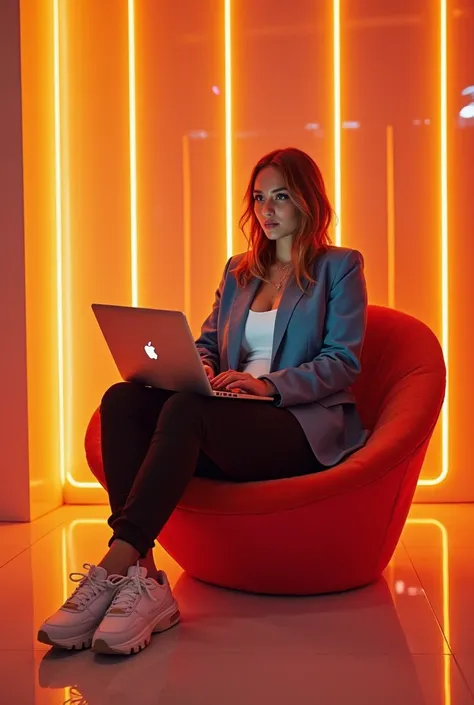 Create a futuristic and vibrant scene with a young woman sitting comfortably in a modern and technological environment, surrounded by neon lights and abstract geometric shapes. She wears a stylish blazer and casual sneakers, balancing elegance and comfort....