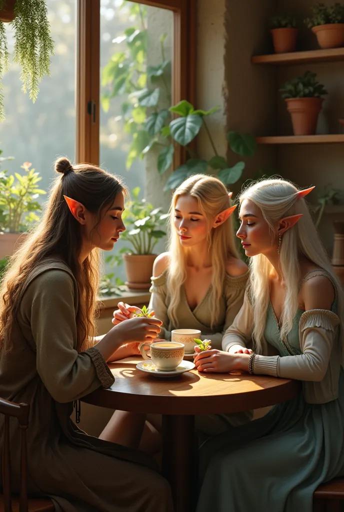  Realism Adult girl two elves sit in a cafe drinking tea 