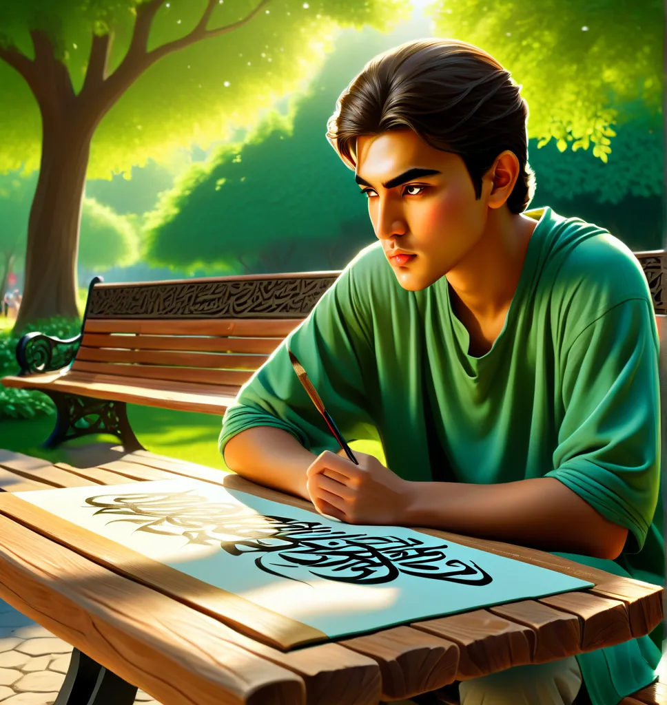 a young man sitting in park, painting arabic calligraphy, 
occasionally,detailed facial features,serious expression,focused on painting,outdoor park setting,lush greenery,wooden bench,dappled sunlight,warm color tones,cinematic lighting,masterpiece,highly ...