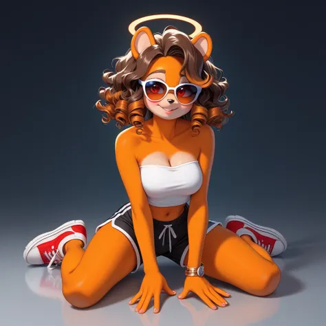 solo, mobian, hedgehog, two-tone fur ((orange fur, brown fur)), pyjama elastic shorts, strapless crop top, cleavage, high-top sneakers, two-tone hair (brown hair, black tip)), curly hair, halo, sunglasses, jewelry, red eyes, longeyelashes, red eyes, smile,...