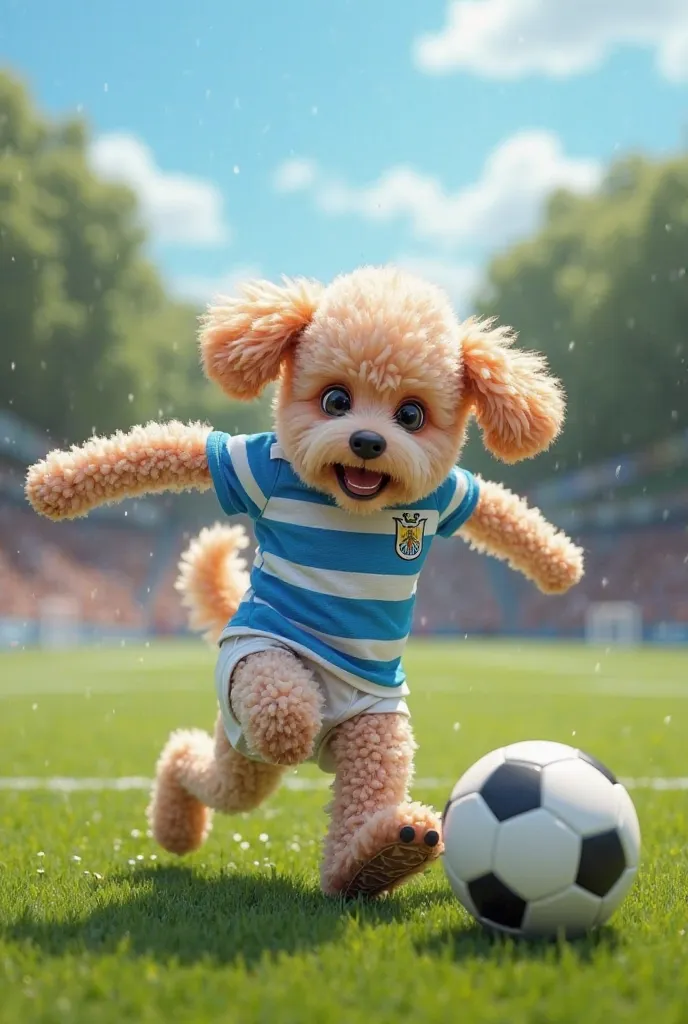 A poodle playing soccer with the Uruguayan jersey 