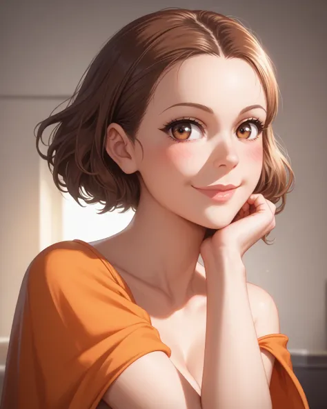 ( Woman with a well-developed body and short brown hair looks at the penetrant with a cute smile like Diane from Nanatsu in Taizai)  without any clothes