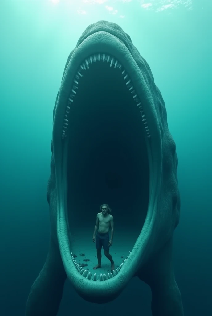 A dramatic and realistic scene of a gigantic whale submerging in the turquoise waters of the ocean. Inside the whale's enormous open mouth, a person is being swallowed,  with sharp and realistic details ,  as if it were a photograph .