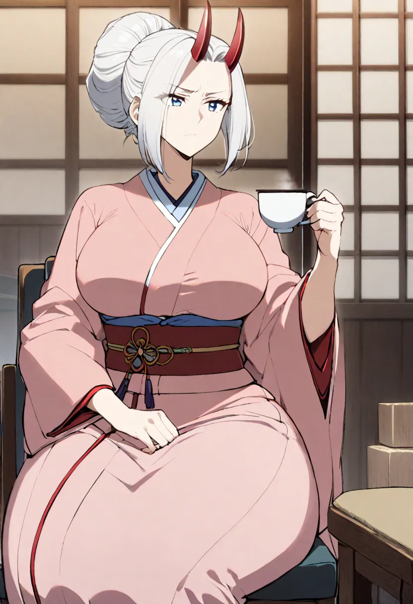 ((1girl)) ((adult)), ((big chest)), ((calm and centered)), ((Very tall in height)) ((Wide hips)) ((big butt)) ((anime)) An adult woman with long white hair, light blue eyes, hair up, red horns, ((Japanese clothing)) long pink kimono, sitting on a chair in ...