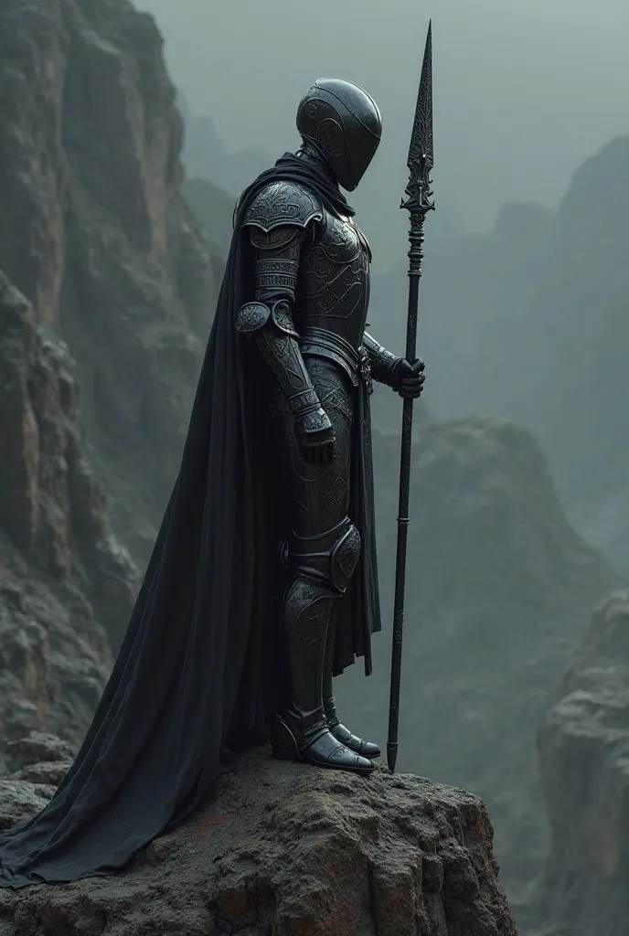 A knight I’m slim black metal armour, perched on top of a rock while crouched and holding a shadow black spear