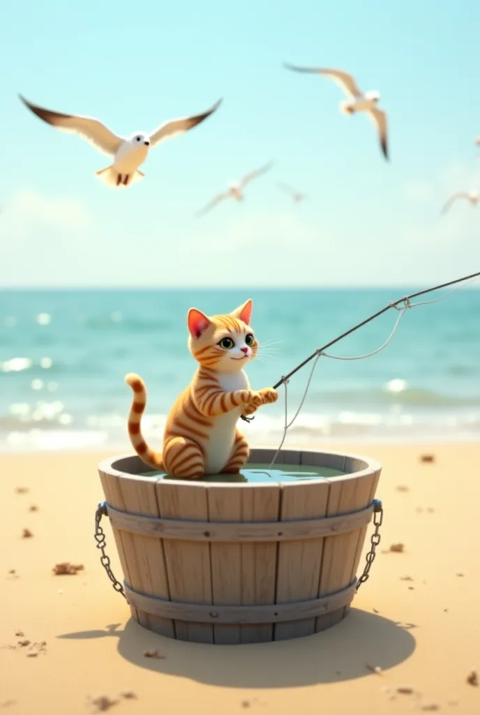 Mother cat fishing from the bucket on the beach 