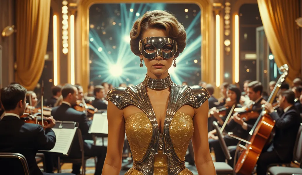 A regal woman in a sculptural chrome gown with dramatic shoulder accents stands in the center of an opulent space opera house. Her gleaming metallic mask conceals her identity, adding to the air of mystery. The retro-futuristic orchestra behind her feature...