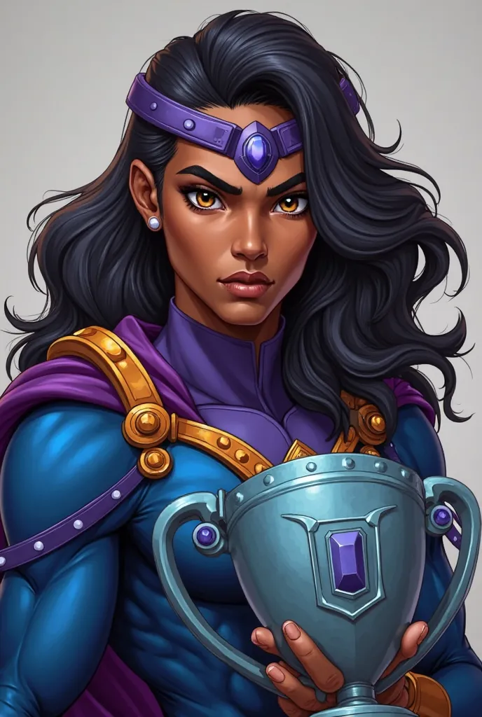 black superhero, male, Realistic, with wavy hair, dark purple tiara, brown eyes, wearing blue clothes and orange details, with little emphasis on the clothes and a lot on the face, holding a futuristic blue and gray trophy, with no emphasis on the backgrou...