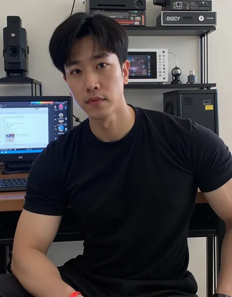 (photorealism:1.2), Full body a korean man that looks like BTS jungkook, sitting on room,black  t-shirt, pants, short dark hair, in computer room