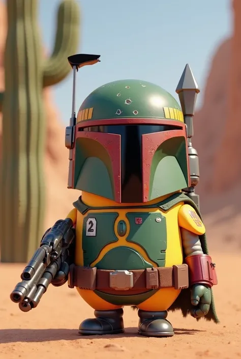 A Minion dressed as Boba Fett, with green and brown Mandalorian armor, helmet and blaster in hand, showing a confident smile. The themed background is the planet Tatooine, with a cactus in the background and the vast desert. The lighting is professional, p...