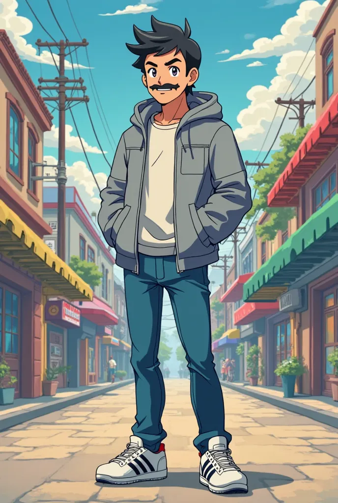 Make a man who is on average 28 years old in the style of the Pokémon anime art for me. He wears a black beard and his hair is black . He also has a mustache attached to his beard. His hair is short and close and he wears a tuft.your skin is white.  blue j...