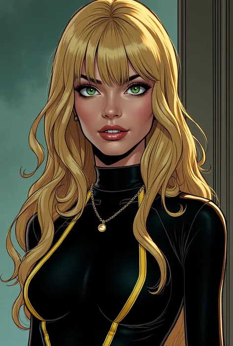 A woman who resembles Courtney Whitmore from DC Comics, age 18 and young. with a slender, youthful face,
white skin. Her eyes are green and she has long, thick, wavy blonde hair with bangs. She wears a stylish black outfit with yellow stripes. The scene ta...