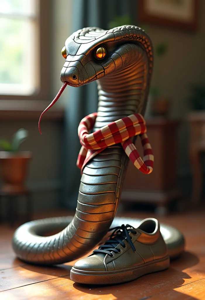 A hyper-realistic, ultra-high-definition 4K render of a bizarre yet charming creature, a vintage King Cobra made entirely of old, corroded metal. Its body is primarily sleek and smooth metal, with a slightly dulled, worn texture, showcasing signs of rust, ...