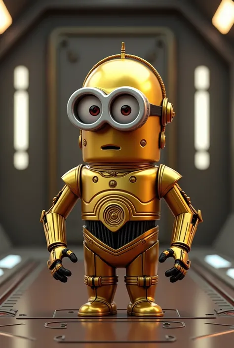 A Minion dressed as C-3PO, with his golden body and robot expressions, showing a worried look and flashing lights. The themed background is the corridor of the Rebel ship, with lights and metallic panels. The lighting is professional, photo studio style, w...